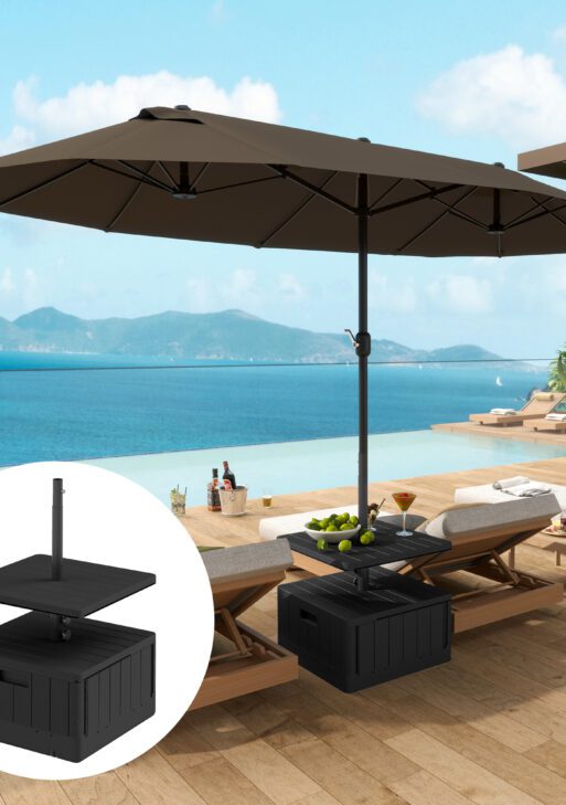 3-in-1 Outdoor Umbrella Base with Table Tray, Coffee End Table, Planter Box with Drain Hole, 175 lbs. Capacity Heavy Duty Fillable Patio Umbrella Stand Table with Wheels and Handles, Black