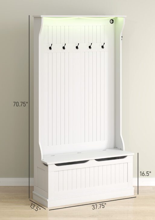 3-In-1 Entryway Bench with LED Lights and Coat Rack, Hall Tree with Bench and Shoe Storage, 5 Hooks for Hallway White