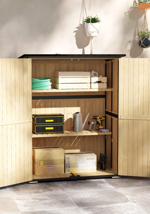 Wood Storage Shed, Outdoor Garden Shed with Asphalt Roof, 2 Shelves, Lockable Doors and Adjustable Feet, Natural