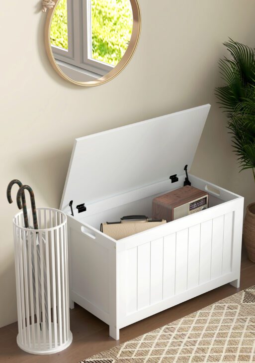 29.9" Storage Trunk w/ 2 Safety Hinges, Wooden Storage Bench w/ Side Handles, Storage Chest for Playroom, White