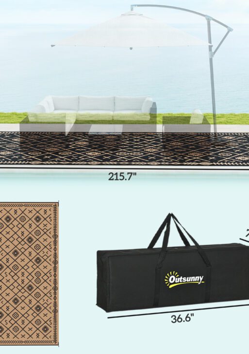 Reversible Outdoor Rug, Waterproof Plastic Straw with Carry Bag, 9' x 18', Black & Brown Rhombus