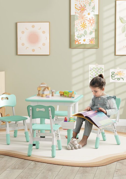 Height Adjustable 5pc Toddler Table and Chair Set with Storage Box, Easy to Wipe for 18 Months - 5 Years, Green