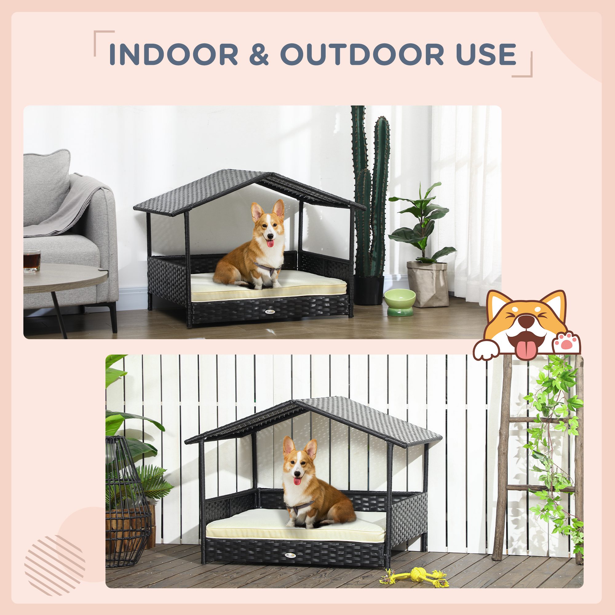 Wicker Dog House with Removable Cushion Lounge, Cream White - Image 2