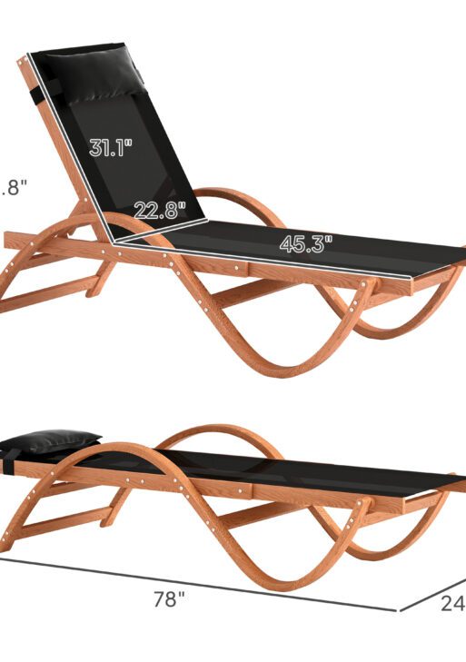 Larch Wood Lounge Chair, 4-Level Adjustable Tanning Chair, Full Flat Patio Lounger with Mesh Seat, Black