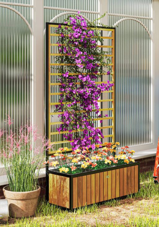 Wooden Raised Garden Bed with Trellis, Removable Pots for Backyard, Patio, Balcony, 29" x 11" x 52", Teak