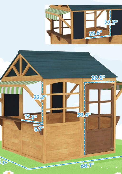 Wooden Outdoor Playhouse, Foldable Kids Cottage with Windows, Working Door, Snack Bars, Waterproof Covers, for 3-8 Years