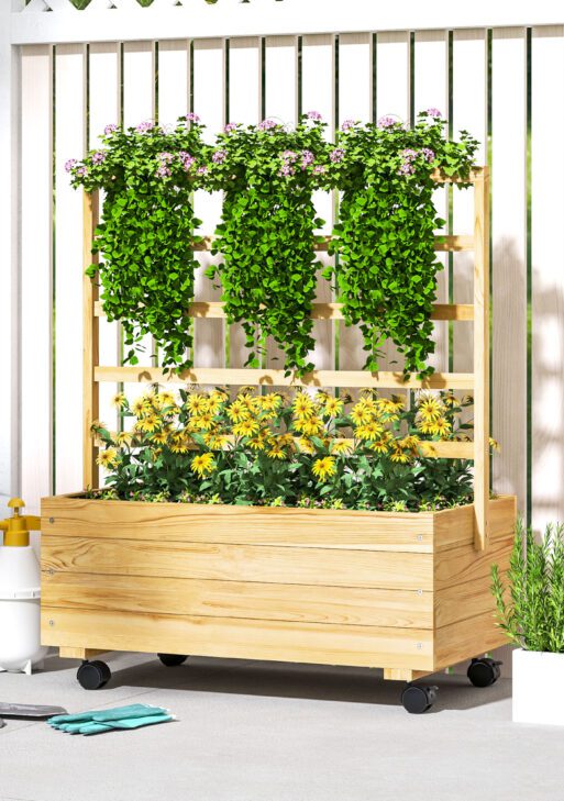 Raised Garden Bed with Trellis and Wheels, Outdoor Planter Wooden Elevated Garden Bed for Garden, Patio, Natural
