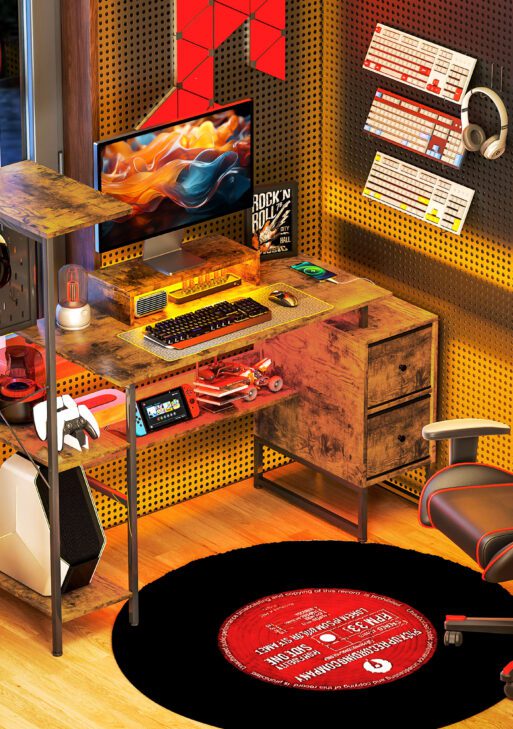 56" Computer Desk with Storage, Computer Table with Power Outlets and LED Lights, Rustic Brown