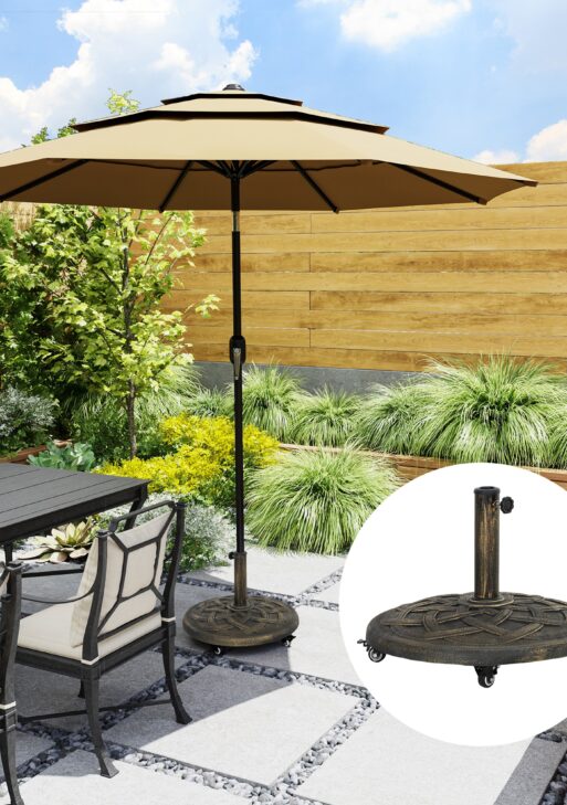 Round Patio Umbrella Base with Wheels, 44 lbs Resin Umbrella Stand Base, Heavy Duty Patio Umbrella Holder for 1.3"/1.5"/1.9" Umbrella Poles for Outdoor, Lawn, Poolside, Bronze