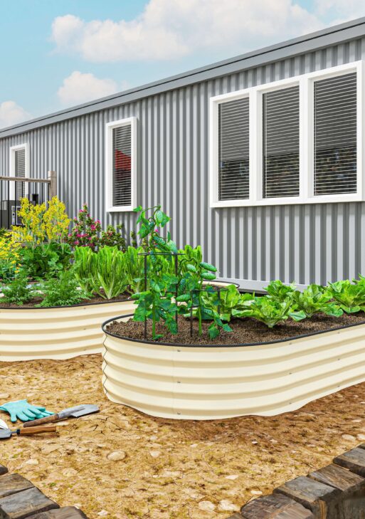 7' x 3' x 1' Raised Garden Bed Set, 2PCS Raised Beds for Gardening with Metal Plant Stakes, Cream White