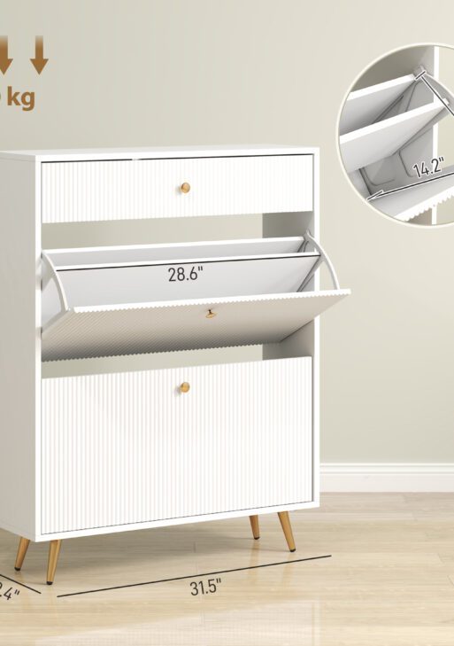 Narrow Shoe Storage Cabinet with Wave-like Panels and Adjustable Shelves for 12 Pairs of Shoes, White