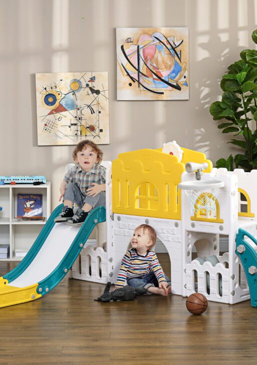 8 in 1 Toddler Slide for Kids Age 1-3 Years with Basketball Hoop, Climber, Telescope, Tunnel, Steering Wheel, Aisle