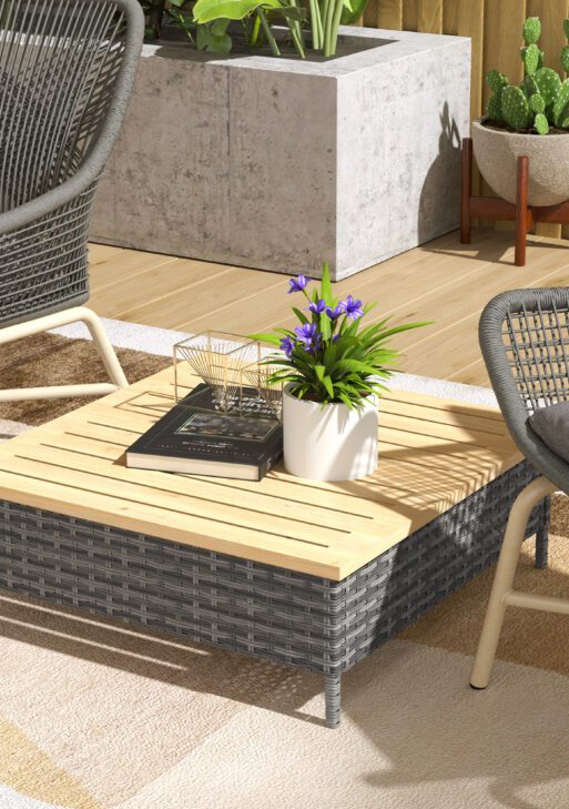 Outdoor Side Table with PE Rattan, Patio End Table with Natural Fir Wood Top, Weather Resistant Accent Table for Patio Pool Porch, Gray