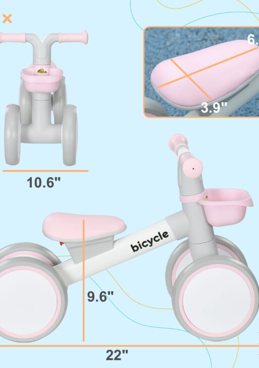 Balance Bike for Toddlers 1-3 Years with Adjustable Seat, Silent Wheels, No Pedal Bike, Pink