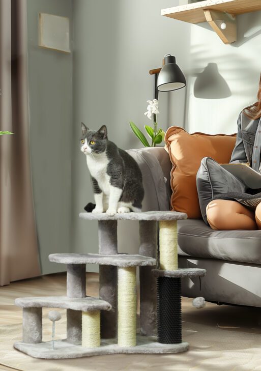 2 in 1 Cat Tree Tower 3-Step Pet Stairs with Scratching Posts, Tickling Post, Toy Balls, for High Beds, Couch