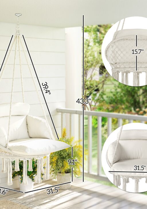 Hammock Swing Chair, Macrame Hanging Chair with Large Cushion, Chain, Steel Frame for Indoor Outdoor Use, Cream White