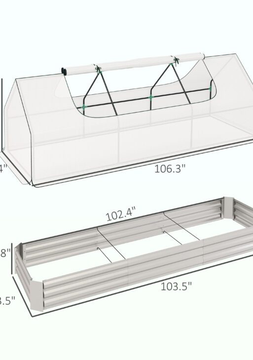 8.6 x 3 x 1ft Raised Garden Bed with Mini Greenhouse, Galvanized Raised Garden Bed with Cover for Herbs and Vegetables, Small Greenhouse for Patio Garden Balcony, White and Silver