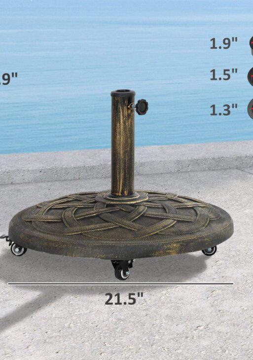Round Patio Umbrella Base with Wheels, 44 lbs Resin Umbrella Stand Base, Heavy Duty Patio Umbrella Holder for 1.3"/1.5"/1.9" Umbrella Poles for Outdoor, Lawn, Poolside, Bronze