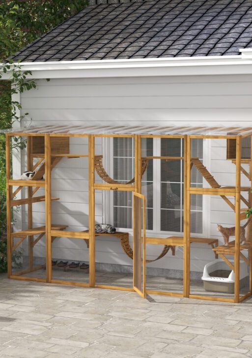 Catio Playground Cat Window Box Outside Enclosure for Multiple Cats w/ Shelves & Bridges, Yellow