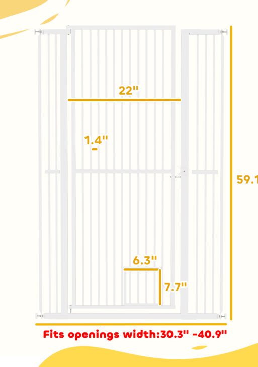 59" Extra Tall Pet Gate, 30"-41" Dog Gate with Cat Door, 1.4" Narrow Gap, 2.8" and 5.5" Extension, for Doorway, Hallway