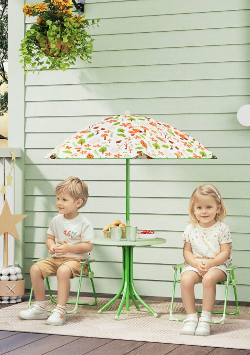 Kids Picnic Table and Chair Set, Outdoor Activity Table with Foldable Chairs, Removable Umbrella for Backyard, Green