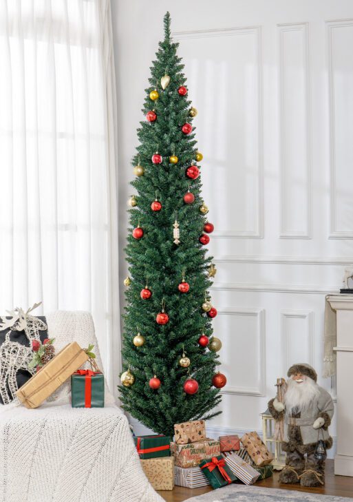 8ft Unlit Pencil Artificial Christmas Tree with Realistic Branches and 618 Tips, Plastic Base, Green