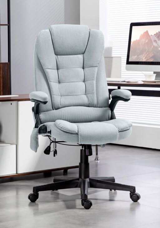 6 Point Vibrating Massage Office Chair with Heat, Linen High Back Massage Desk Chair with Reclining Backrest, Light Gray