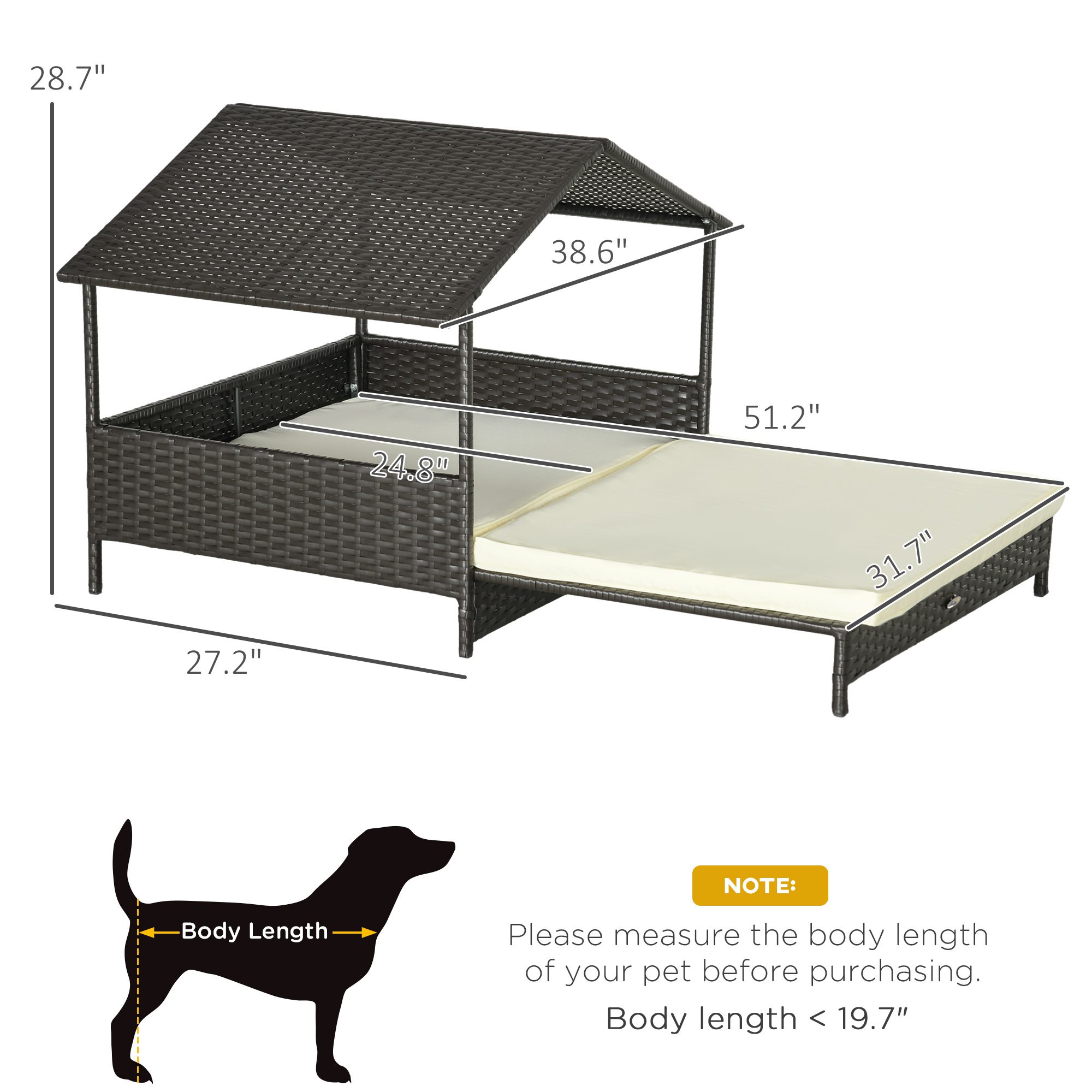 Outdoor Dog Bed Extendable Wicker Dog Bed w/ Waterproof Roof, Soft Cushion, for Small and Medium Dogs, Cream White - Image 1