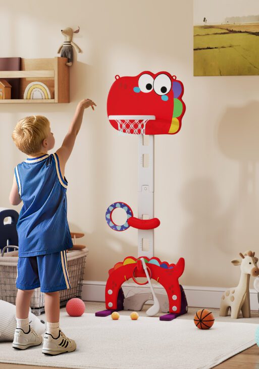 Adjustable Height 4.4-5 ft Kids Basketball Hoop, 5 in 1 Design, for Indoor Use, Red
