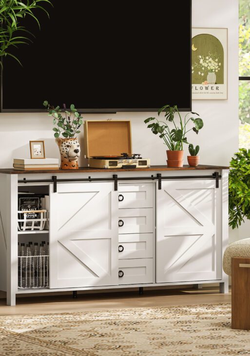 60" Buffet Cabinet, Farmhouse Sideboard with Sliding Barn Doors, Drawers and Adjustable Shelves, Distressed Cream White