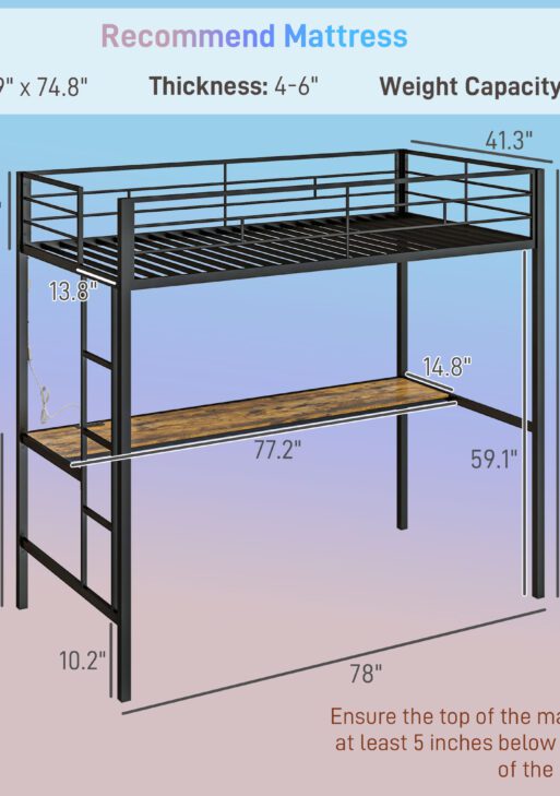 Twin Size Loft Bed with Desk, LED Lights, Charging Station, Twin Metal Loft Bed Frame with Ladder, Black