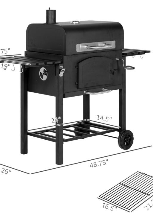 Charcoal BBQ Grill w/ Adjustable Height, Folding Shelves, Thermometer, and Wheels, Black