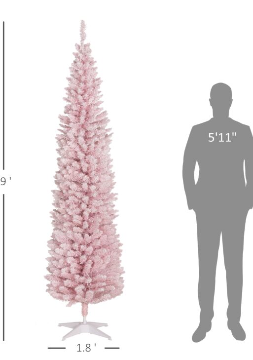7ft Pencil Christmas Tree, Slim Artificial Christmas Tree with Snow Flocked Branches and Warm White LED Lights, Pink