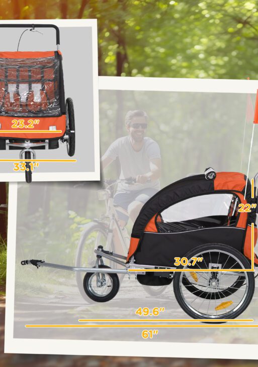 2-Seat Elite 360 Swivel Bike Trailer for Kids Bicycle Cargo Trailer with Water-Resistant Windows, Black and Orange