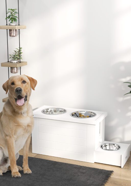 Elevated Dog Bowls with Slow Feeder Mat, Storage Cabinet, 3 Stainless Steel Bowls for Large & Extra Large Dogs, White