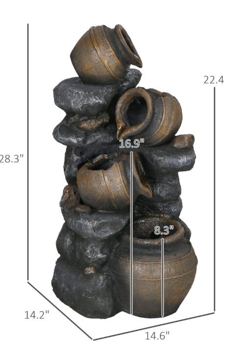 28.3" Solar Water Fountain, 4-Tier Resin Cascading Jars and Stacked Stones Outdoor Waterfall Fountain with LED Lights