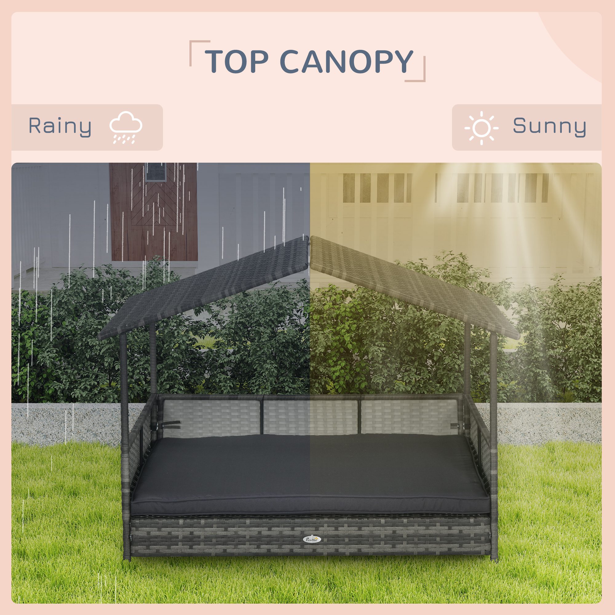Outdoor Dog Bed with Canopy, Rattan Dog Bed with Soft Cushion Removable Cover for Medium and Large Dogs, Dark Gray - Image 4