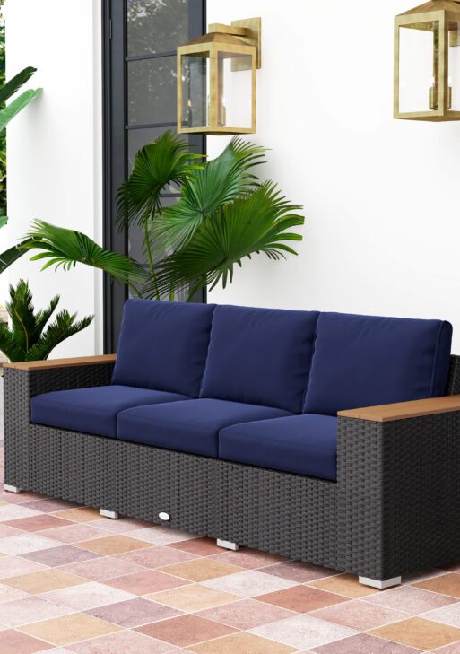 3-Seat Outdoor Patio Sofa, PE Wicker Outdoor Couch with Extra Wide Deep Seat, Wide Armrests 4" Cushions, Navy Blue