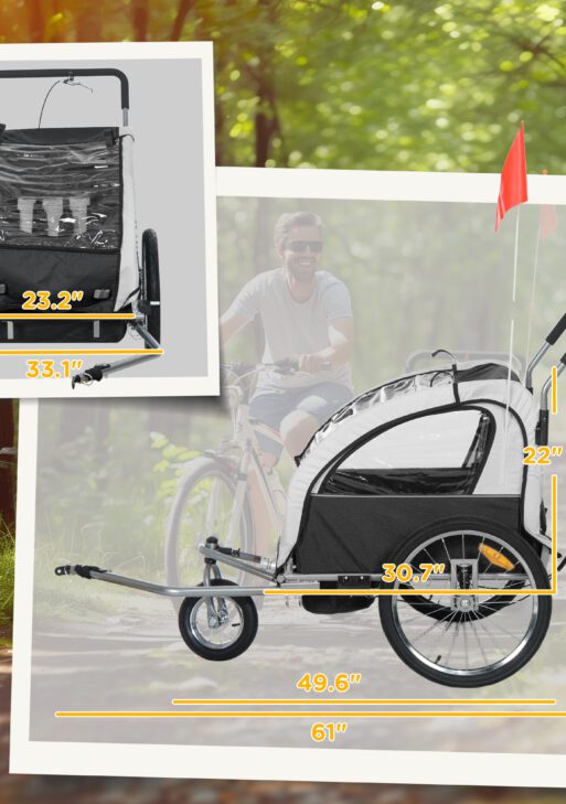 2-Seat Elite 360 Swivel Bike Trailer for Kids Bicycle Cargo Trailer with Water-Resistant Windows, Black and White
