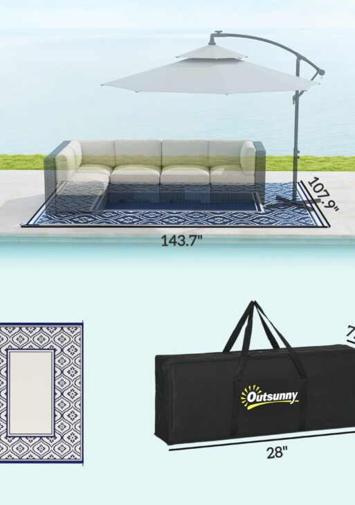 Reversible Outdoor Rug, Waterproof Plastic Straw with Carry Bag, 9' x 12', Blue & White Gourd Border