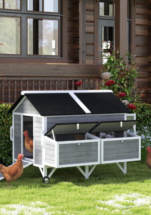 59" Wooden Chicken Coop w/ Wheels, Handles, 2 Nesting Boxes, 2 Trays, 4 Perches, Chicken Tractor for 4-6 Chickens, Gray
