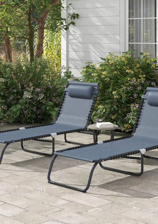 2 Folding Chaise Lounge Pool Chairs with 4-Position Reclining Back, Pillow, Breathable Mesh & Bungee Seat, Gray