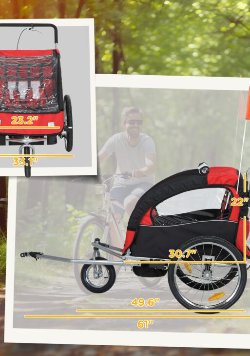 2-Seat Elite 360 Swivel Bike Trailer for Kids Bicycle Cargo Trailer with Water-Resistant Windows, Black and Red