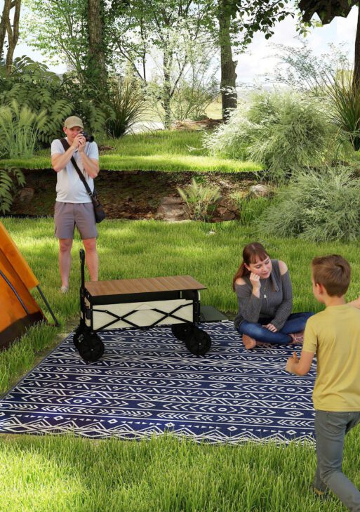 Reversible Outdoor Rug, Waterproof Plastic Straw with Carry Bag, 8' x 10', Blue & White Geometric