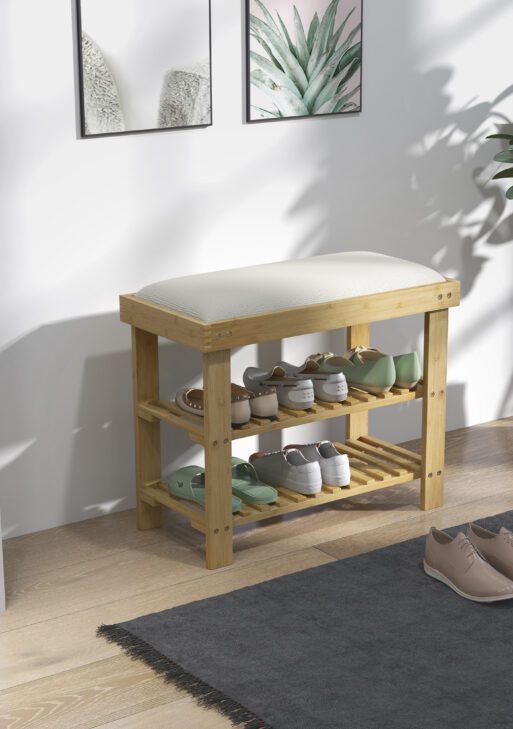 Bamboo Shoe Storage Bench, 3-Tier Entryway Bench with Cushion, Shoe Organizer for Entryway, Hallway, Cream White