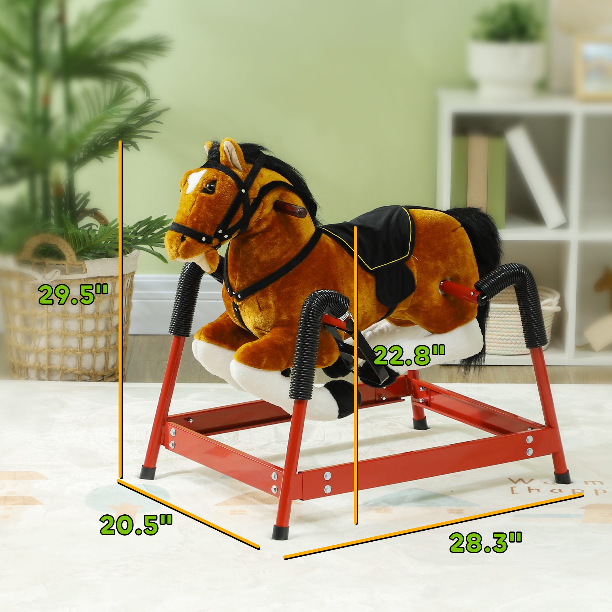 Spring Rocking Horse, Kids Ride on Horse, Plush Horse Ride-on w/ Sounds & Foot Stirrups for Kids 3-8 Years, Brown - Image 1