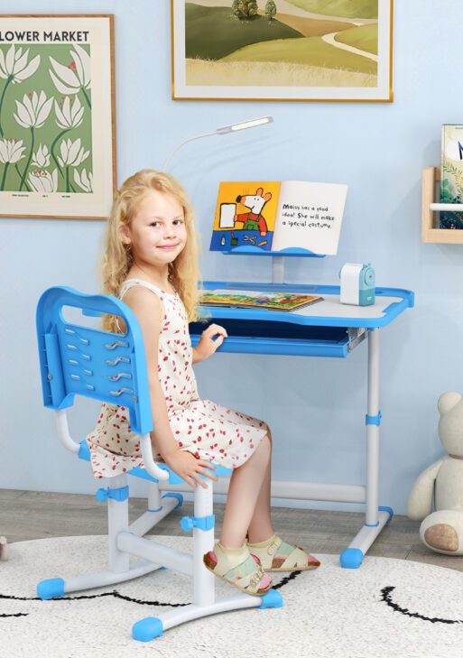 Kids Desk and Chair Set with USB Light, Storage Drawer, Blue