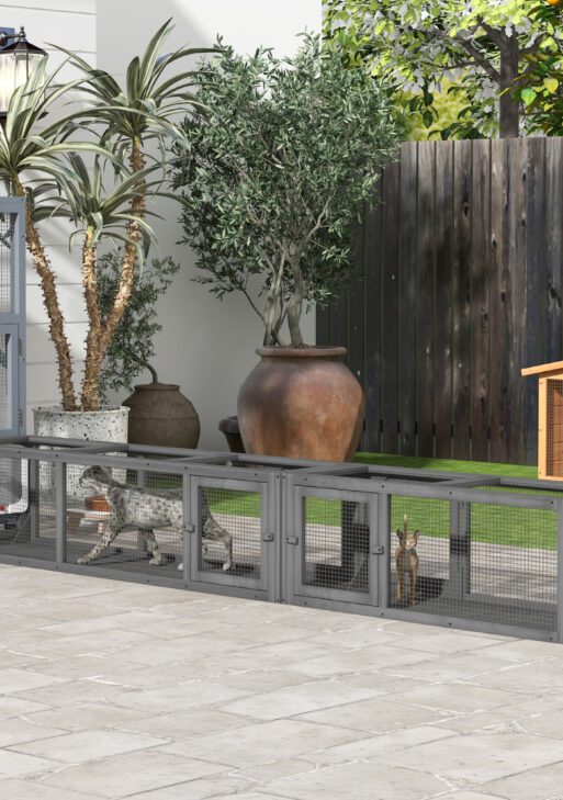 Wooden 98" Cat Tunnel for Outdoor with Combinable Design, 8 Doors, Dark Gray