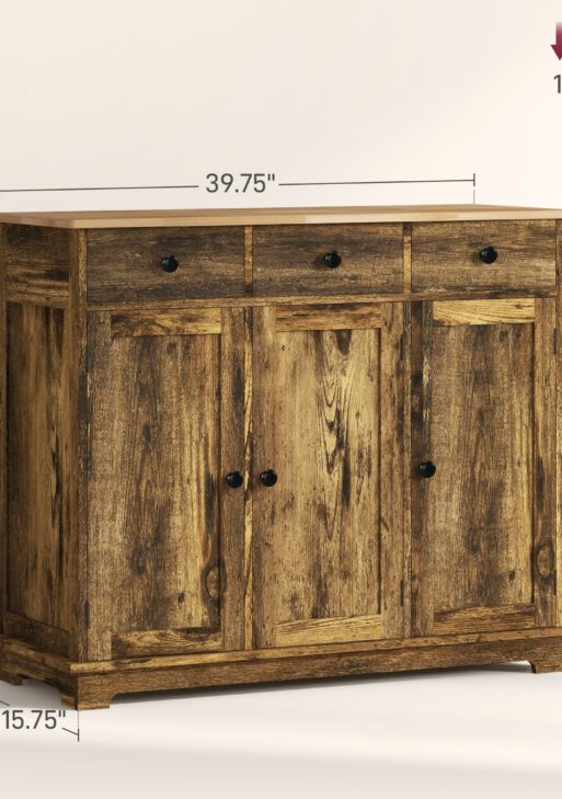 Kitchen Storage Cabinet, Sideboard Floor Cupboard with Solid Wood Top, Adjustable Shelf, and 3 Drawers, Brown