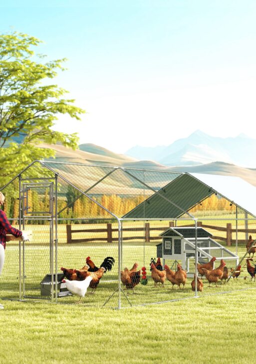 Metal Chicken Run w/ Waterproof & Anti-UV Cover, Feeding Door, Hanging Feeder, for 18-24 Chickens, 9.8' x 19.7' x 6.4'